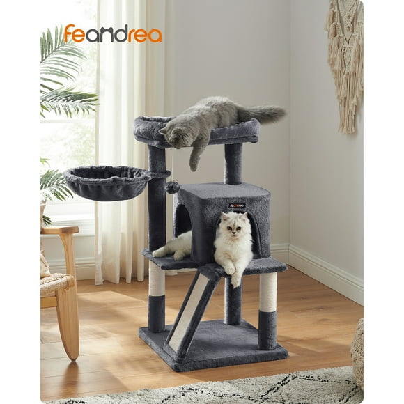 Feandrea Arbre à Chat, Petite Tour pour Chat avec Perchoir Élargi pour Grands Chats d'Intérieur, Chatons, Condo à Plusieurs Niveaux de 37,8 Pouces, Poteaux à Griffer et Rampe, Grotte pour Chat à 2 Portes, Panier pour Chat, Gris Fumé