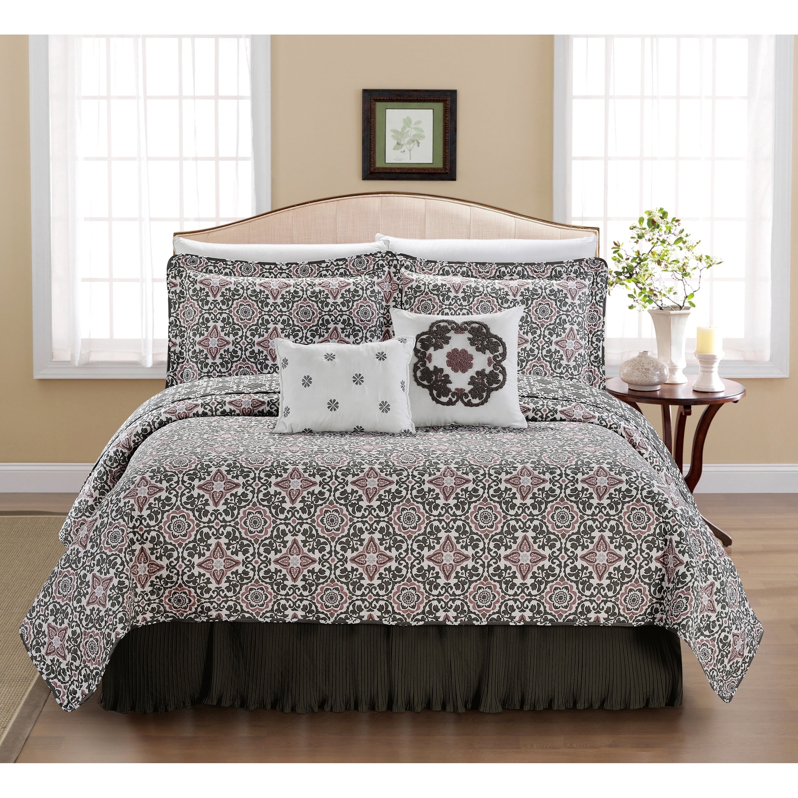 Home Soft Things 6 Piece Coventry Printed Quilt Set with bedskirt, Queen (90" x 90")