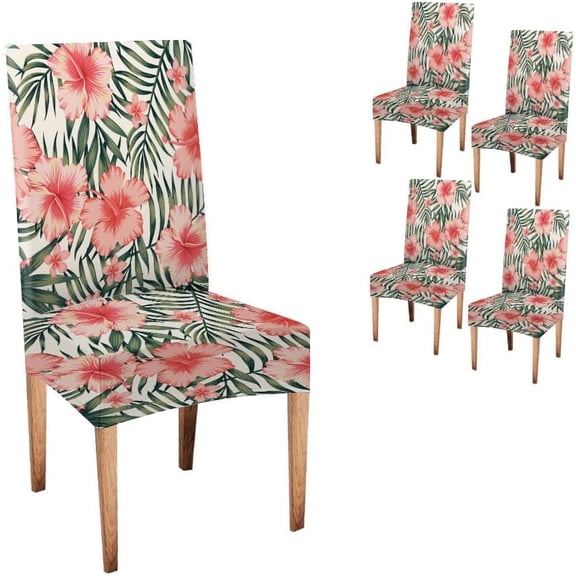 Banana Dinning Chair Cover 4 Pack Tropical Flower Pink Hibiscus Leaves Dark Green Exotic Beach Wallpaper Seam Dining Chair Protector Cover Seat Slipcover for Hotel