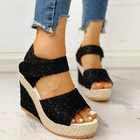 

HIMIWAY Black Heels Women s Ladies Platform Wedges Heel Sandals Floral Flower Lace-up Shoes Footwear Black 36