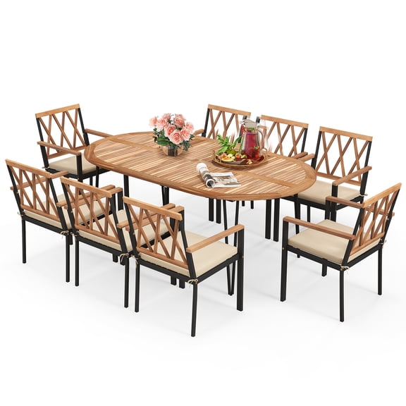Gymax 9 PCS Patio Dining Set Table w/ Acacia Wood Top & Umbrella Hole Metal Frame