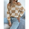 thumbnail image 4 of Women'S Color Block Checkered Off-Shoulder Long Sleeve Y2K Plaid Knitted Pullover Sweater Tops Vintage Sweater Khaki M, 4 of 8