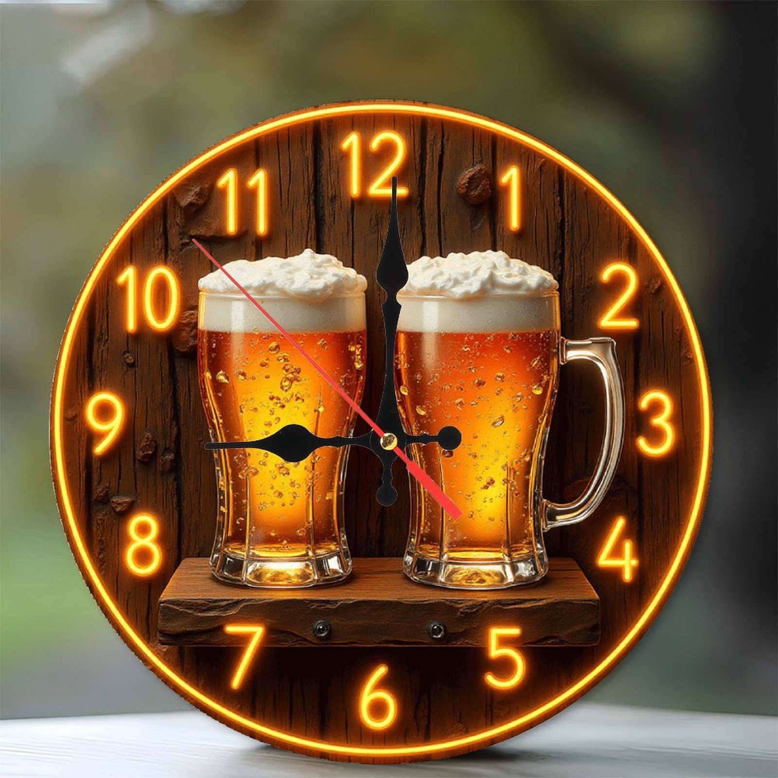 Vintage Neon Beer Clock Decor with Two Beer Mugs 10-Inch Silent Wooden Wall Clock, Battery Operated (AA Batteries Not Included), Artistic Home Decor