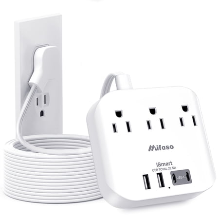 Mifaso Flat Extension Cord, 5ft Ultra Flat Plug Power Strip - 3 Outlets 4 USB Ports (2 USB C)