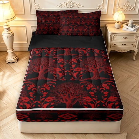 Homewish Aztec Tree Of Life Zipper Full Size Comforter Sets with Fitted Sheet and 2 Pillowcases Vintage Botanical Zipper Bedding Set Red Black Black Reversible 4pcs
