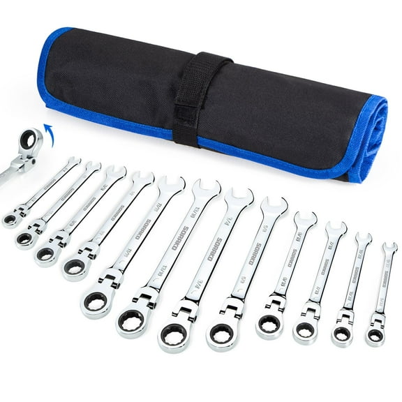 SORAKO Ratcheting Wrench Set Flex Head, 12 Piece SAE Combination Ratchet Wrench kit, 1/4″ - 13/16″ Chrome Vanadium Steel Wrenches