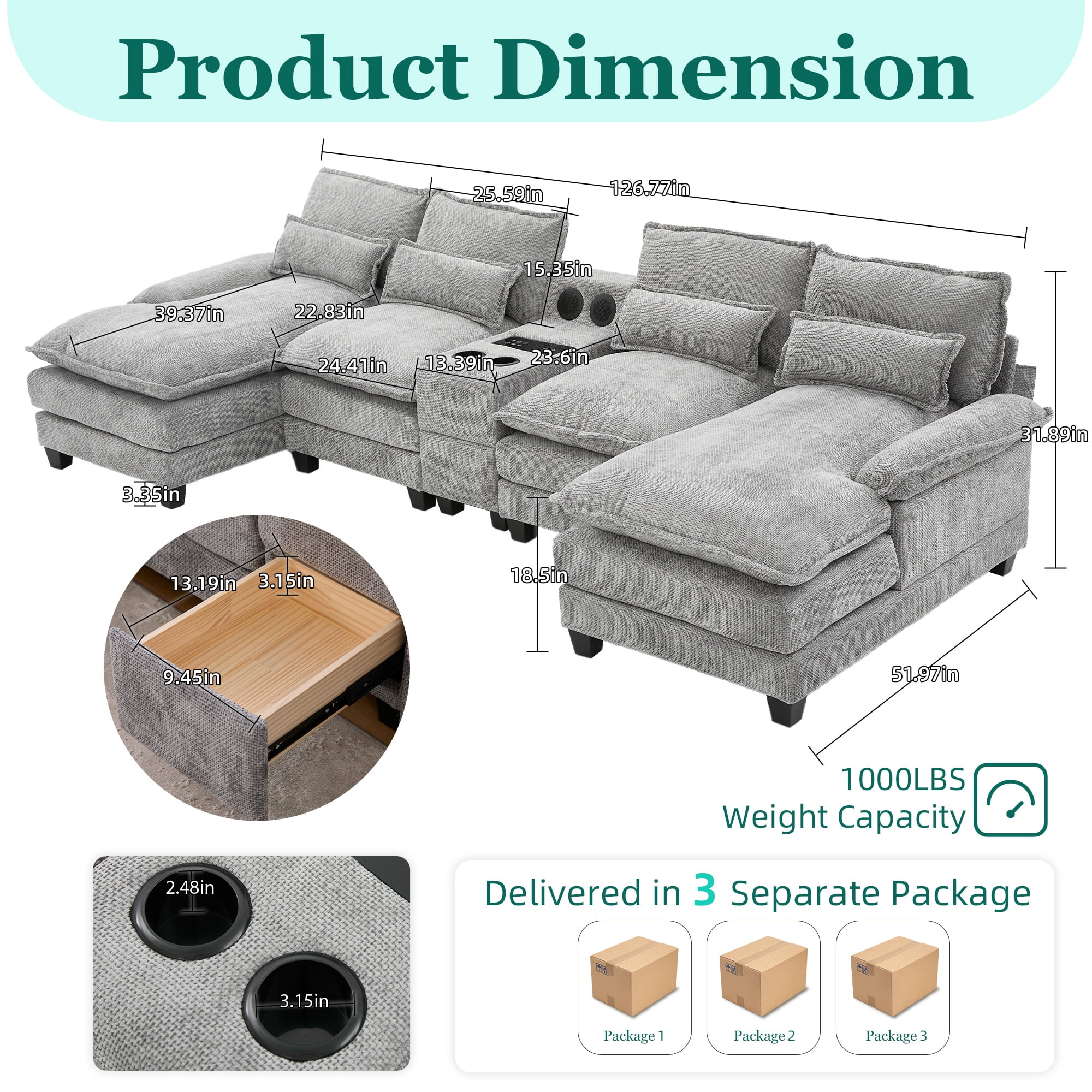 Villeston 126.77" U-Shaped Cloud Sofa With Chaise Lounge, Chenille Sofa With Wireless Charging, Bluetooth Speaker, Two Cup Holders, Storage Drawer, Suitable For Living Room,Gray