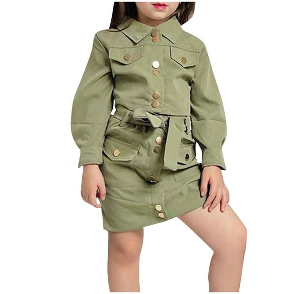 Zwiiyzr 3-8Y Toddler Girls 2 Piece Denim Outfit Button Up Long Sleeve Jacket and Mini Jean Skirt Set Olive Green