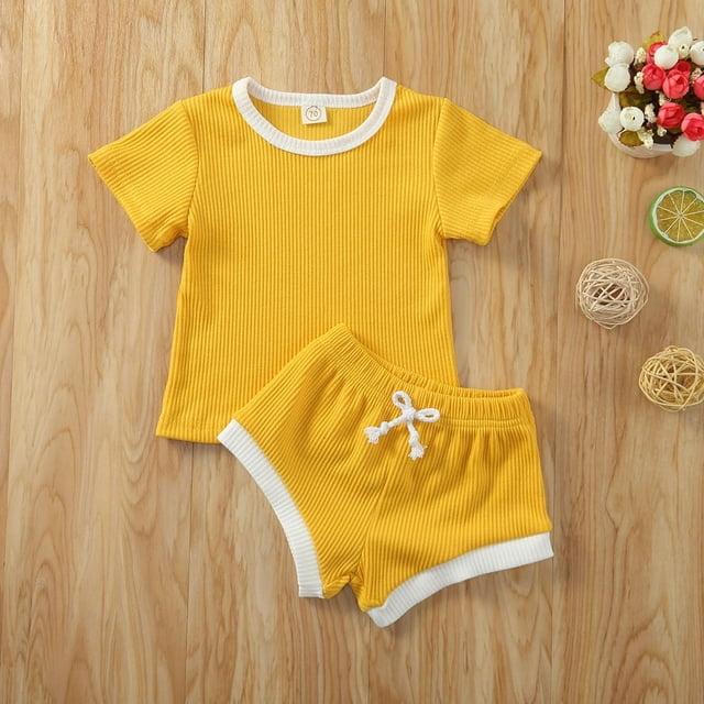 2pcs Infant Toddler Baby Boys Girls Rib Short Sleeve Tshirt Top and Short Summer Outfits