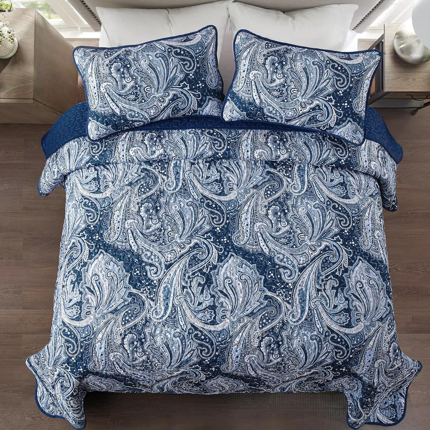 Dintszyayue Navy Quilt Set King Size,3Pcs Bohemian Bedding Set Lightweight Paisley Adult(90"x 110")