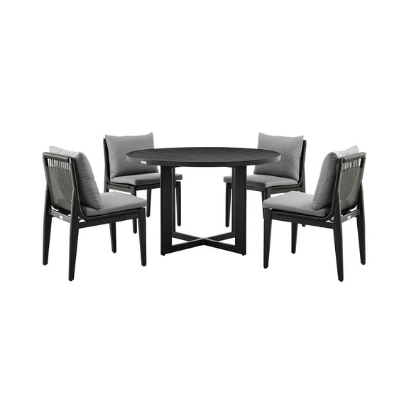 Grand Outdoor Patio 5-Piece Round Dining Table Set in Aluminum with Grey Cushions