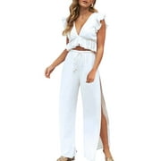 FANCYINN Womens White Two Pieces Outfits Deep V Neck Crop Top Side Slit Drawstring Wide Leg Pants Set Jumpsuits M