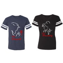 Her Beauty His Beast Matching Couple Cotton Jerseys (Men Navy / Women Black) (Men S / Women S)