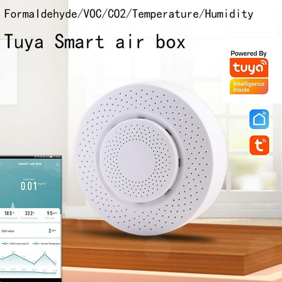 CHENGSI for Tuya Smart 6-in-1 Air Quality Detector for wifi Compatible - Monitors PM2.5 Formaldehyde VOC Temperature Humidity - USB Powered Environmental Sensor for Home Office
