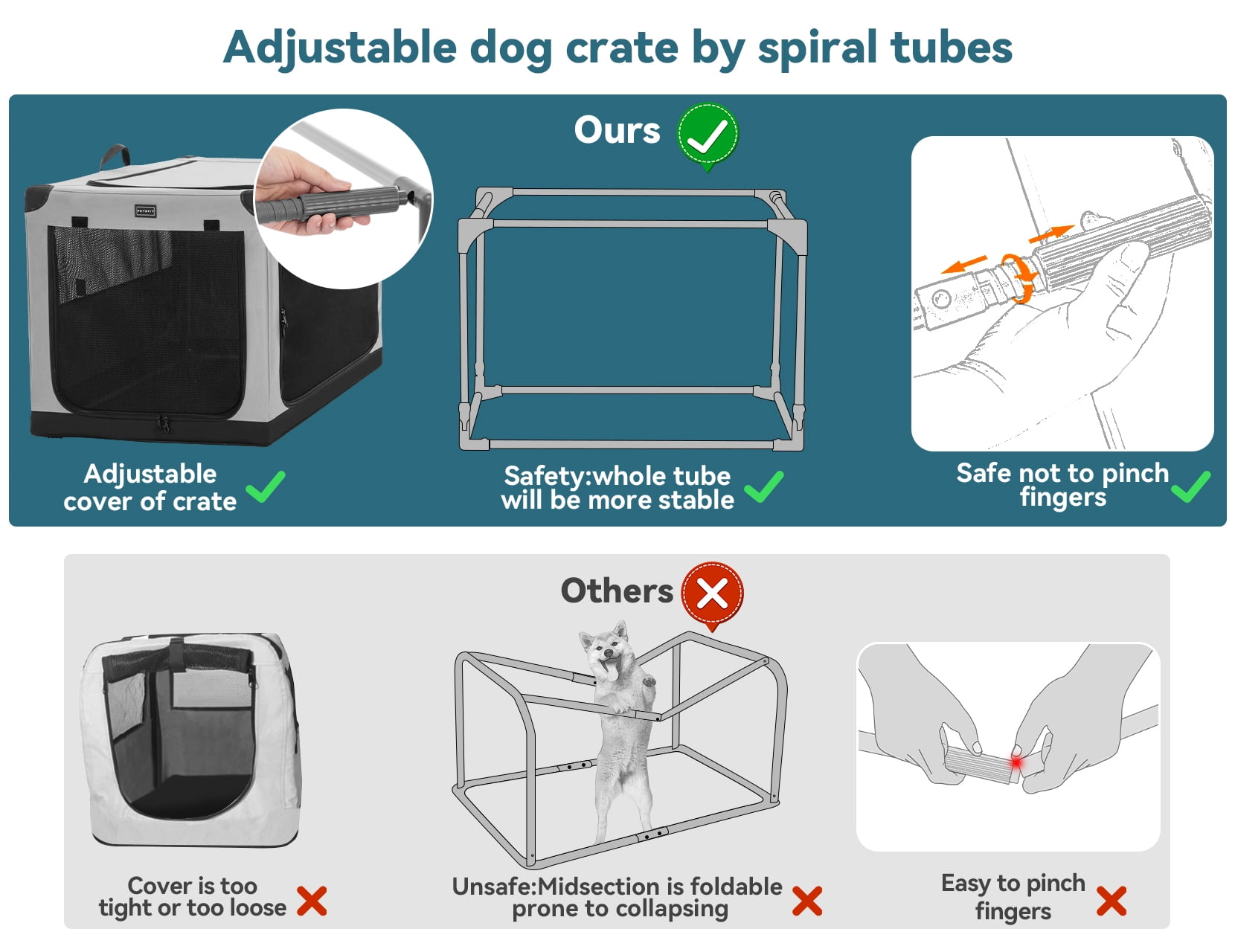 Petsfit 30 Inch Travel Dog Crate, Adjustable Fabric Cover by Spiral Iron Pipe, Chew Proof 3 Door Design, Portable Collapsible Dog Crate Grey