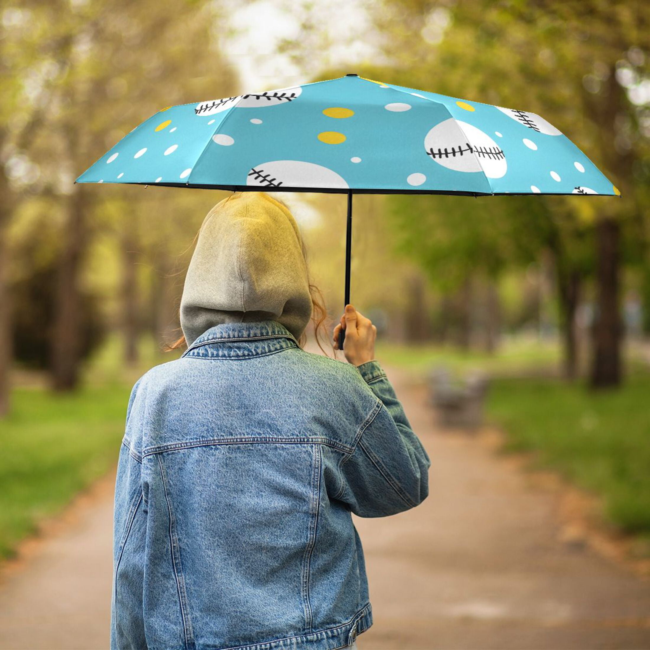 ALAZA Baseball Polka Dots UPF 50+ Compact Folding Umbrella for Rain Travel Umbrella Packable
