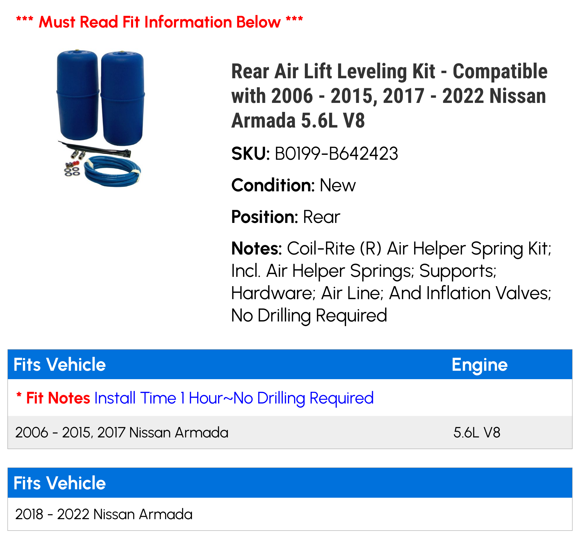Rear Air Lift Leveling Kit - Compatible with 2006 - 2015, 2017 - 2022 Nissan Armada 5.6L V8 2007 2008 2009 2010 2011 2012 2013 2014 2018 2019 2020 2021