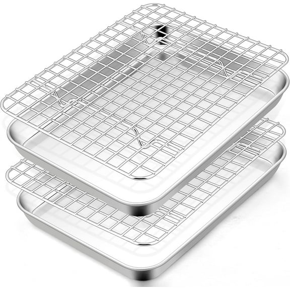 Toaster Oven Pan with Rack Set, 9 x 7 x 1 Inch Stainless Steel Mini Baking Pan Tray with Grid Rack for Baking Roasting Cooling, Non-Toxic & Heavy-Duty, Dishwasher Safe, (2 Pans   2 Racks)
