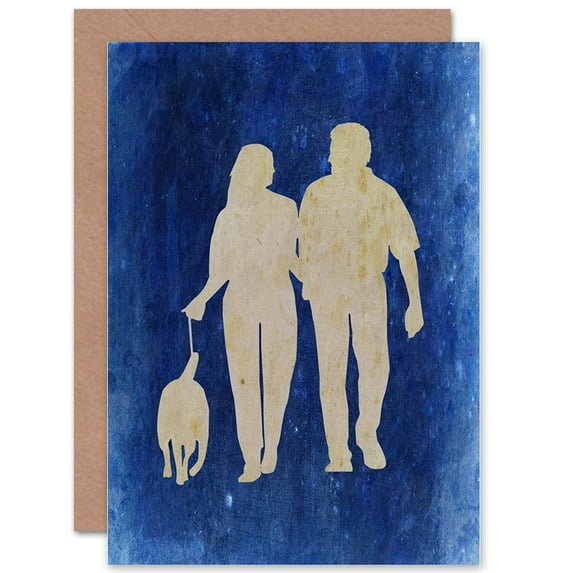 Family Dog Couple Romance Walk Silhouette Blue Grunge Greetings Card Plus Envelope Blank inside