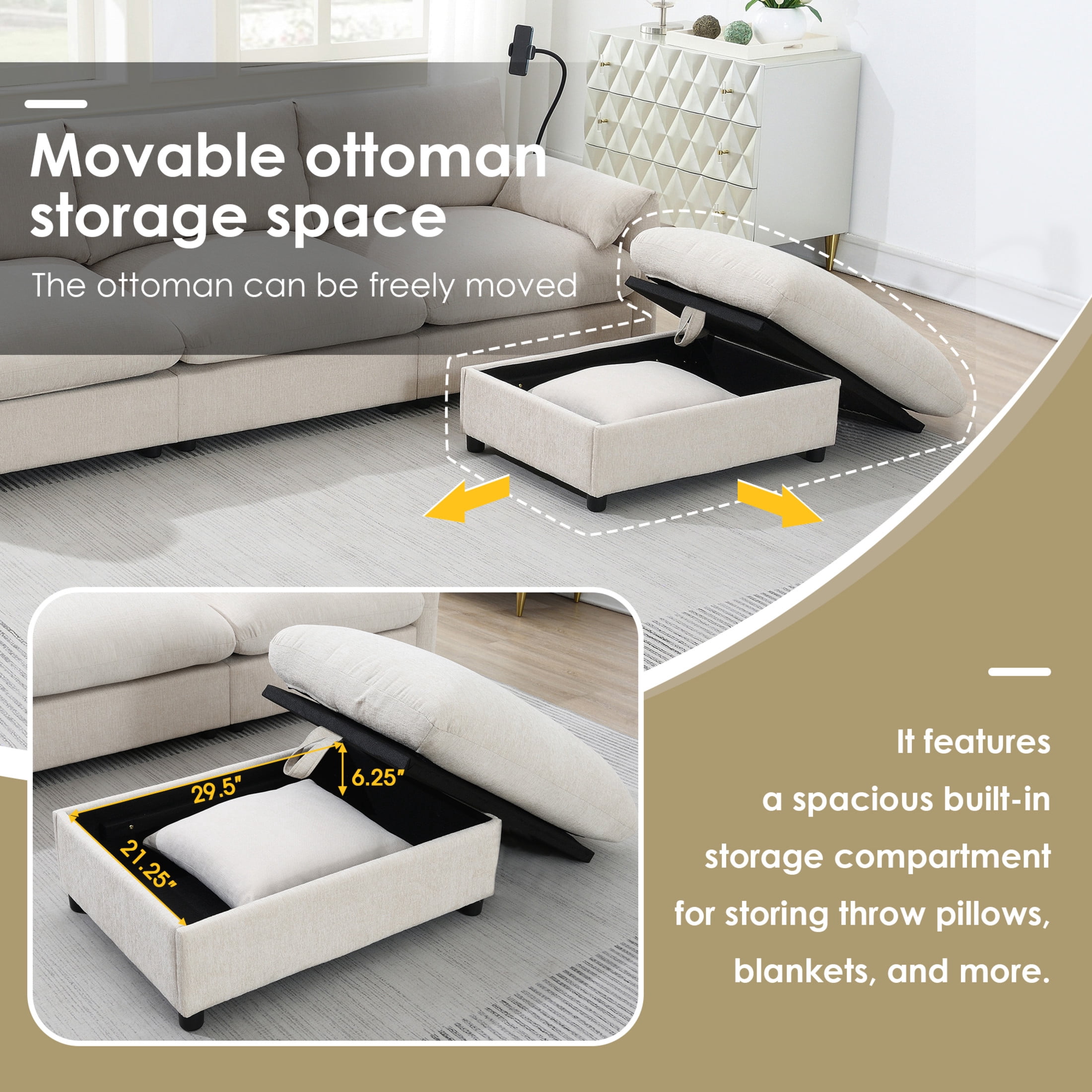 Noble House 96.5" Chenille L-Shaped Sectional Sofa with Storage Ottoman, Charging Ports, and Phone Holder, Beige