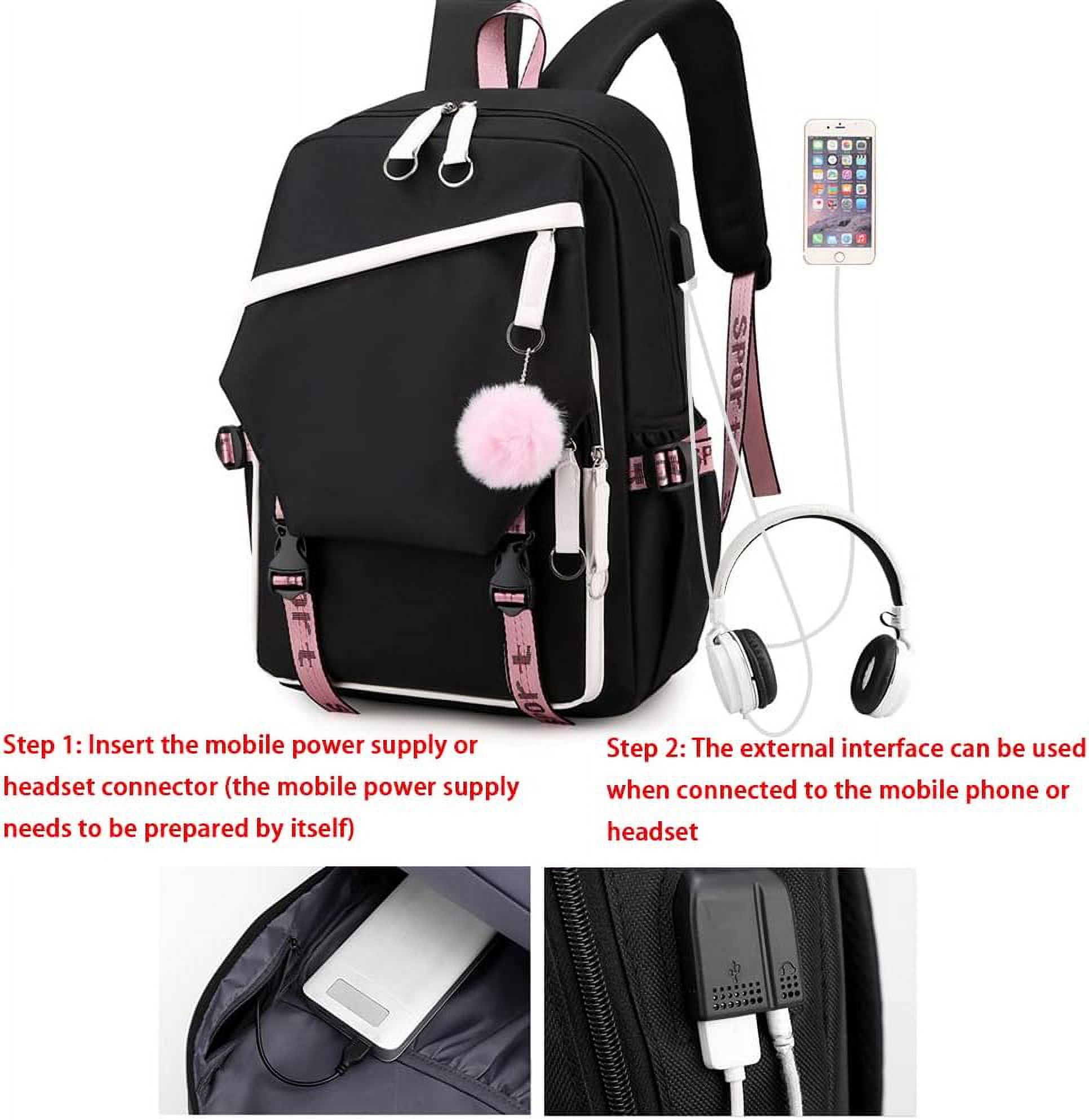 Cute Black Pink Backpack with USB Port, Fashion Laptop Backpack for Women, Large Capacity Travel Bookbag with Multiple Pockets, Water Resistant Casual Daypack for College and Work