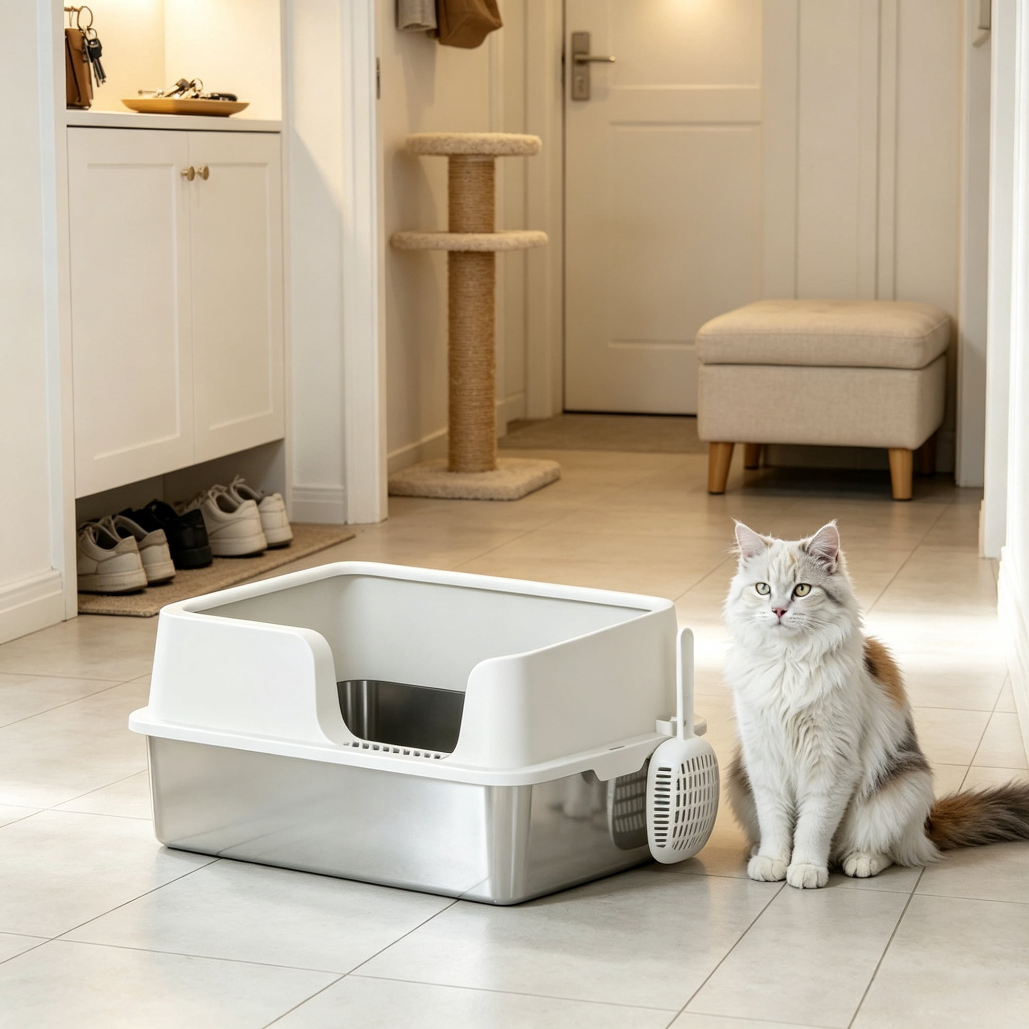 Extra Large Cat Litter Box with High Sides and Stainless Steel Tray
