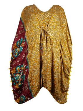 Mogul Women Short Kaftan With Pom Pom Lace Caftan Coverup Dress XL