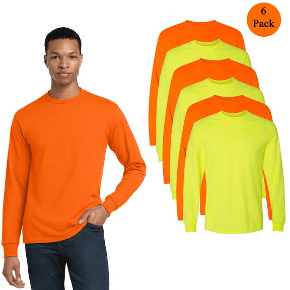 Gildan Men Hi-Vis DryBlend 50/50 Long Sleeve T-Shirt, 6-Pack Safety Green and Orange Work Shirt, S