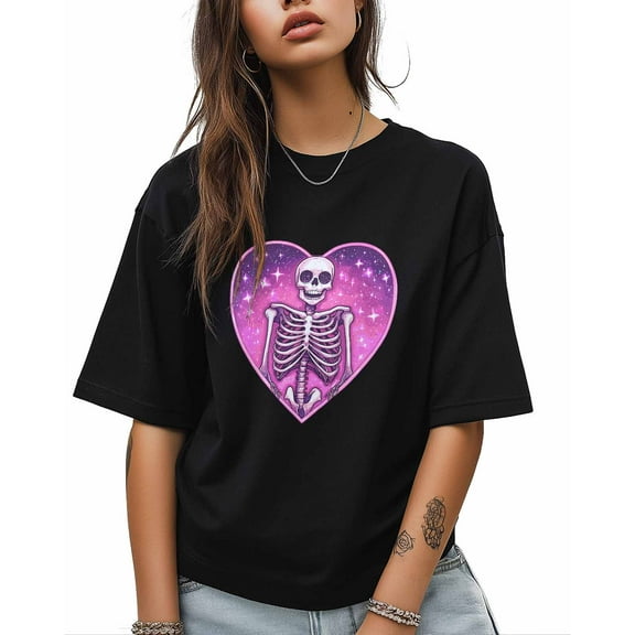 T Shirts for Women Short Sleeve Cotton Crewneck T-Shirt, Shiny Pink Heart Skull Tee Tops Casual Basic T-Shirts, XS-5XL Black XS