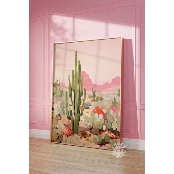 Desert Cactus Wall Art Print, Pink Apartment, Southwestern Painting, Girly Western, Trendy Boho Room Decor Print Wall Art Decor For Home Office UNFRAMED