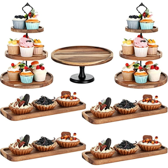 7 Pcs Wood Dessert Table Display Set, 3 Tier Wooden Cupcake Stand Round Cake Stand Rectangular Serving Tray Platter for Display Tea Party Wedding Farmhouse(Natural Color)