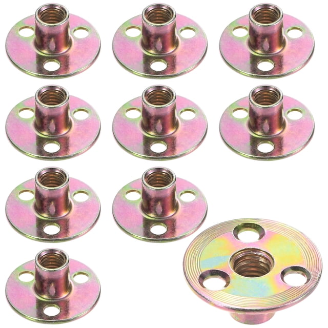 Uxcell 10-Pack 3/8" Tuercas en T de Acero Carbono Galvanizado con Base Redonda de 3 Agujeros Doradas