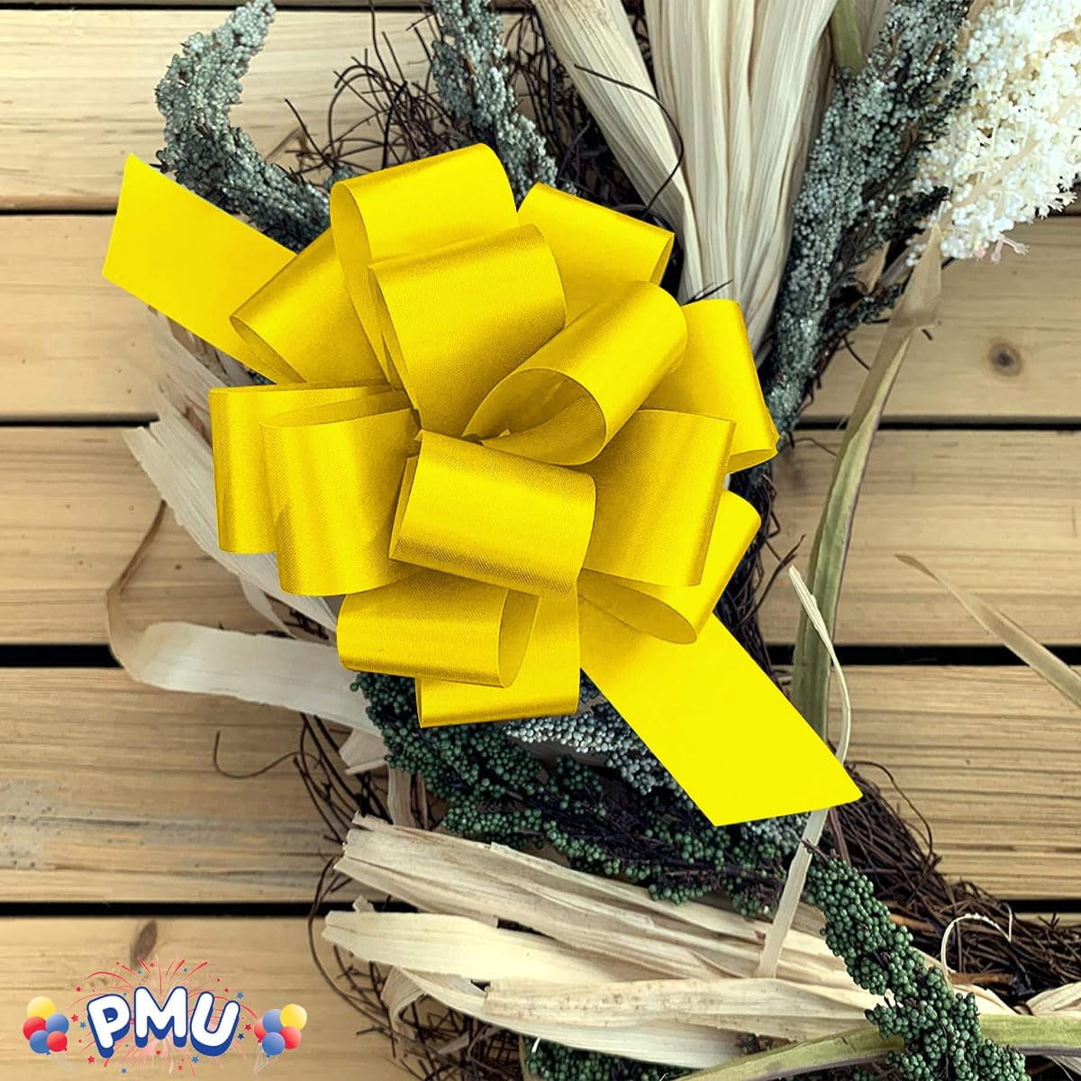PMU Pull String Bows - Gift Bows for Wedding, Birthdays & Anniversaries - Ribbon Bows for Flowers & Basket Decoration - Large Bow for Gift Wrapping - 5 Inch 20 Loops Gold- (50/pkg)Pkg/1