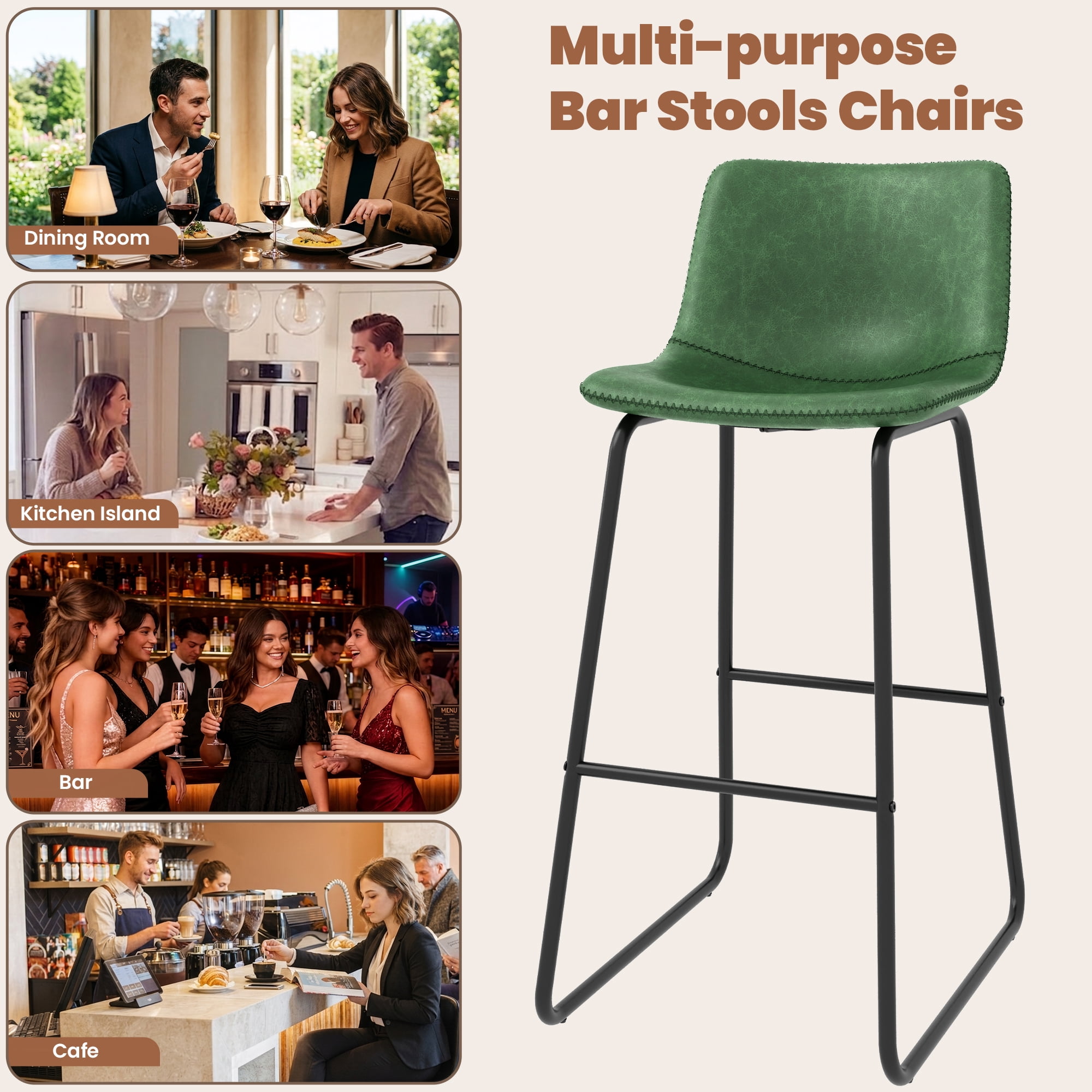 Aufeile 30" Counter Height Bar Stools Set of 2 – Modern Faux Leather Barstools with Back & Metal Legs, Kitchen Bar Chairs for Island, Dining Room, Green