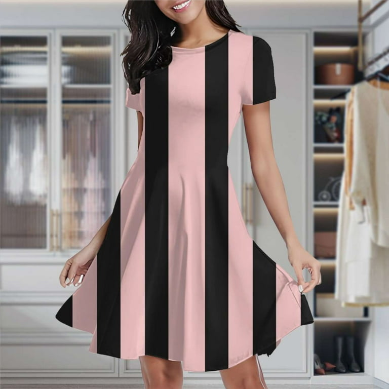 Pink And Black Vertical Stripes Women's Classic Swing Skater Dress
