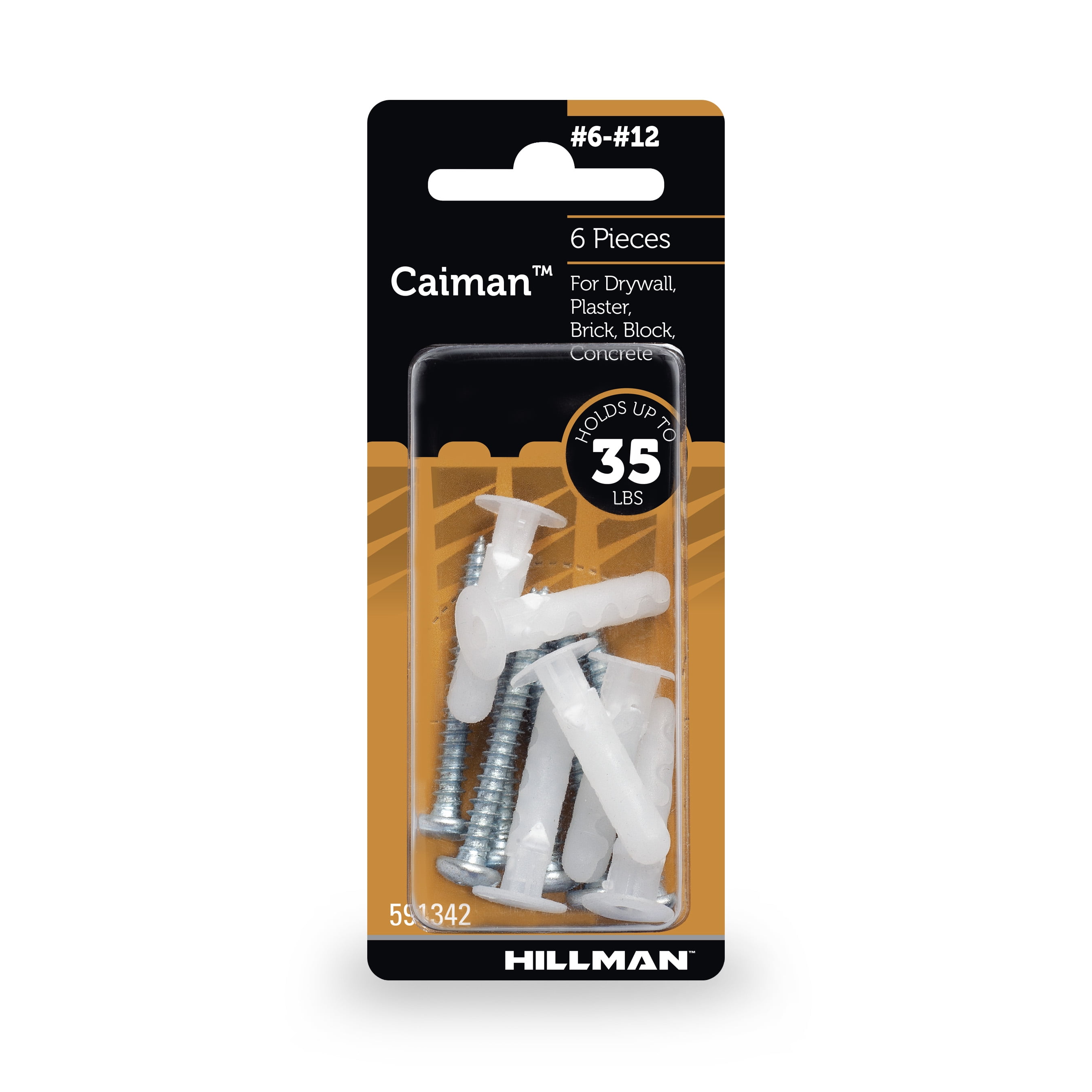 (3 pack) Hillman Caiman Multi-material Wall Anchors, #6-12, Nylon and Steel, 35 lb, White, 6 sets