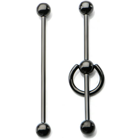 Body Art Body Jewelry 14 Gauge Surgical Steel Industrial Barbell Black Titanium Plated 2-Piece Set