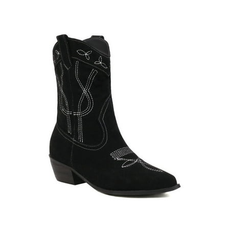 

Difumos Women Casual Chunky Heels Western Boot Non-Slip Stacked Heel Work Embroidered Shoes Black Nubuck Upper 9