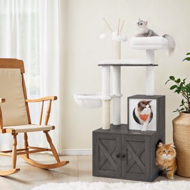 LEDREM 55.1" 2-in-1 Cat Tree & Litter Box Enclosure, Modern Cat Tower with Scratching Posts, Removable Toys, Space-Saving Design, Misty Gray