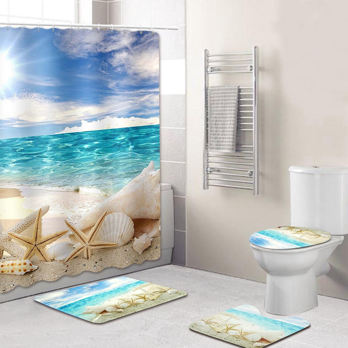 Beach Ocean Shower Curtain Set Non-slip Bath Mat Pedestal Toilet Cover Lid Rug