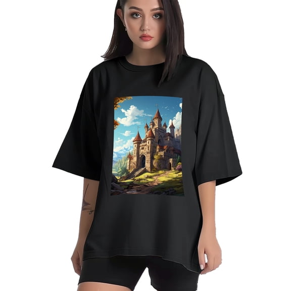 Plus Size Shirt for Women Black Tops for Women Short Sleeves Shirt for Women Castle (36） T Shirt Crewneck Shirt for Women XS