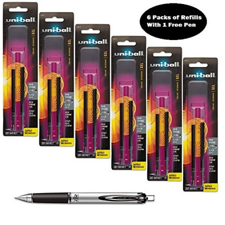 Uni-ball Signo Impact 207 Rt (Retractable) Refills, Black Ink, 1.0 Mm Bold Point, 6 Packs of Refills 65873 with Free