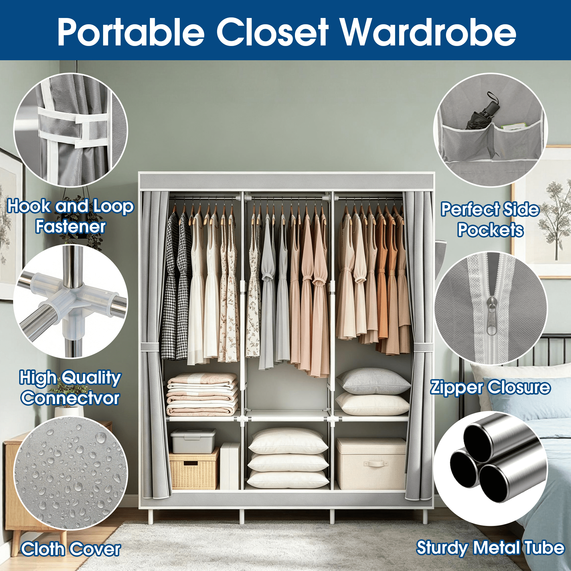 Portable Wardrobe, 50 Inch Freestanding Clothes Closet Organizer with 3 Hanging rods, 6 Storage Shelves and Side Pockets, Large Capacity Fabric Wardrobe for Bedroom