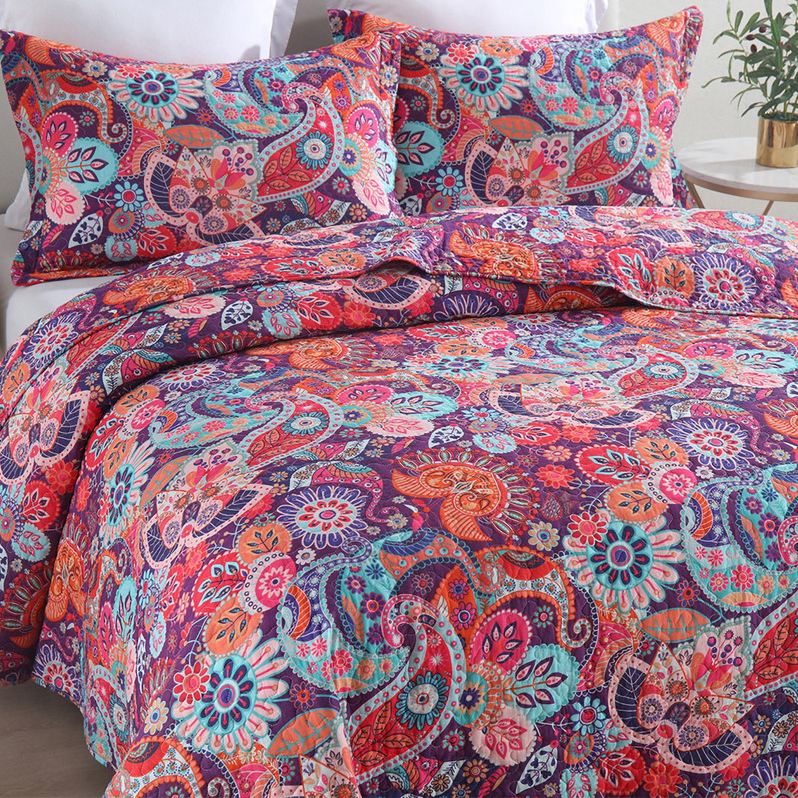 Visimisi 100%Cotton Christmas Bedspread Quilt Bedding Sets, 3 Pieces Reversible Coverlet Sets Comforters, Gorgeous Red Floral Paisley Bohemian Bedspread, King Size