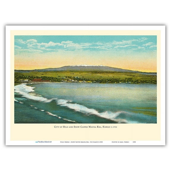 Hilo Hawaii - Snow Capped Mauna Kea - Big Island - Vintage Hawaiian Color Postcard c.1930 - Master Art Print (Unframed) 9in x 12in