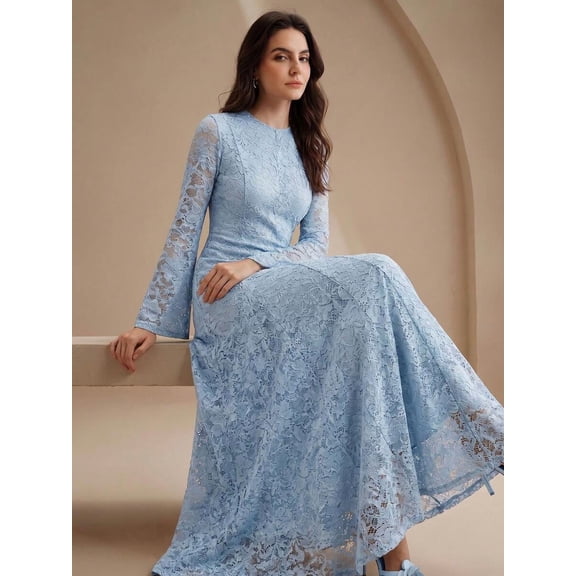 Womens Light Blue Long Sleeve Lace Maxi Dress, Elegant Round Neck Slim Fit