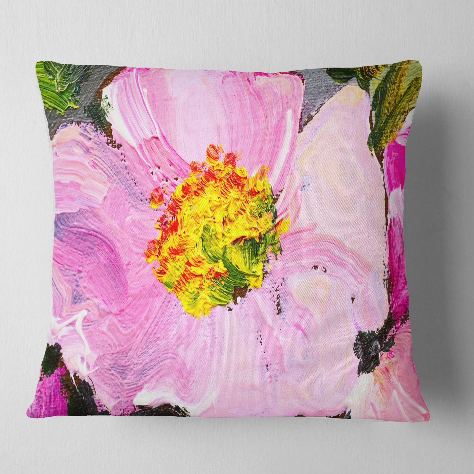 Designart Pink Flower Oil Painting - Floral Painting Throw Pillow - 18x18