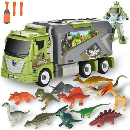 Dinosaur Transport Toy Truck-Transformable to Robot-Comes With 12 Dinosaur Figures-For Christmas, Birthday, Holidays, Girls and Boys