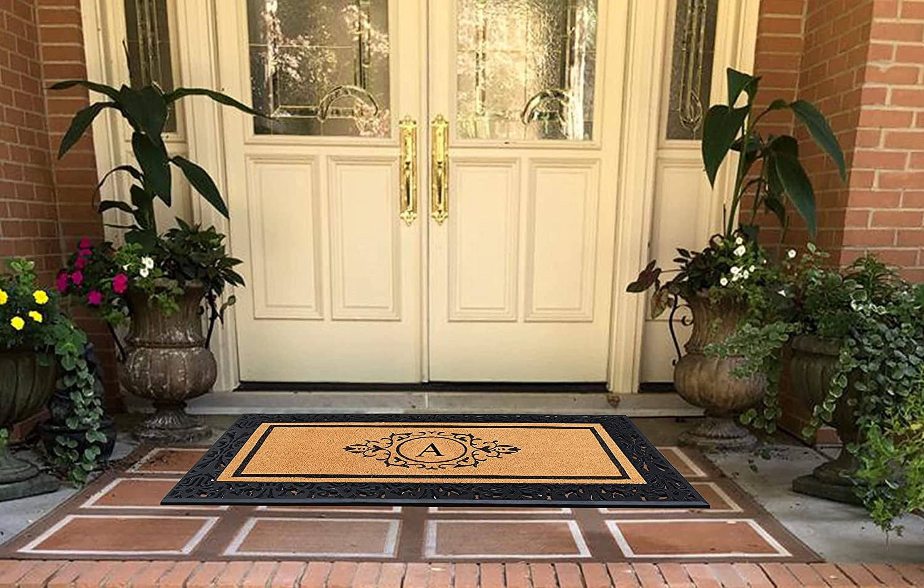 A1HC Natural Coir and Rubber Black Paisley Hand-Flocked Monogrammed Doormat, 30"x60", Durable Low Profile Heavy Duty Outdoor Front Door Mat