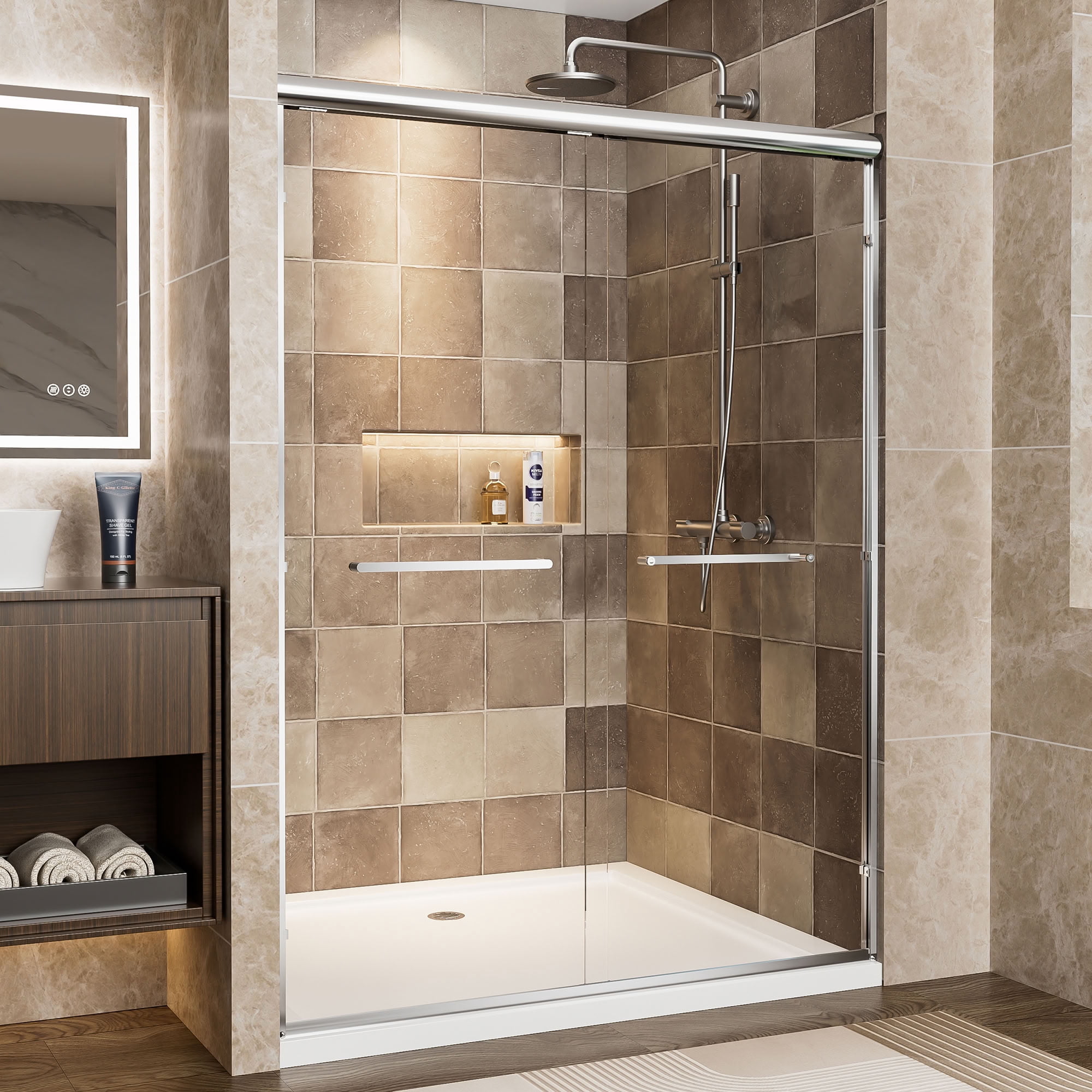 MAYEERTY Double Sliding Shower Door, 1/4" Tempered Safety Glass with Explosion-Proof Film, Waterproof & Reversible Installation